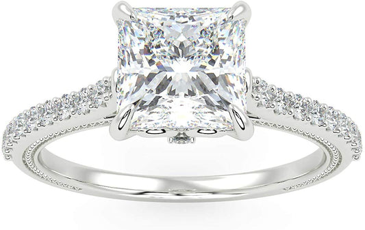 IGI Certified 14K White Gold 2-1/5 Cttw Princess-Cut Lab Created Diamond Square Solitaire Engagement Ring with Pavé Band (2.0 Carat Center Stone: G-H Color, VS1-VS2 Clarity) - Size 7