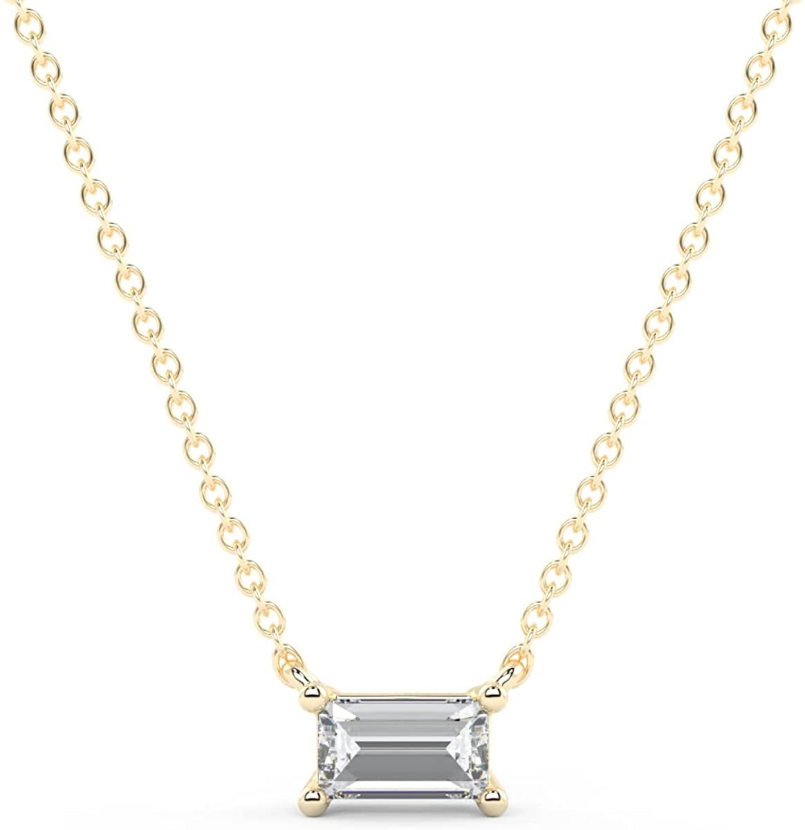 IGI Certified 1/4 Ct Emerald Cut Lab Grown Diamond 14K Gold East-West Solitaire Necklace (G-H Color, VS1-VS2 Clarity) - 18” - Choice of Metal Color