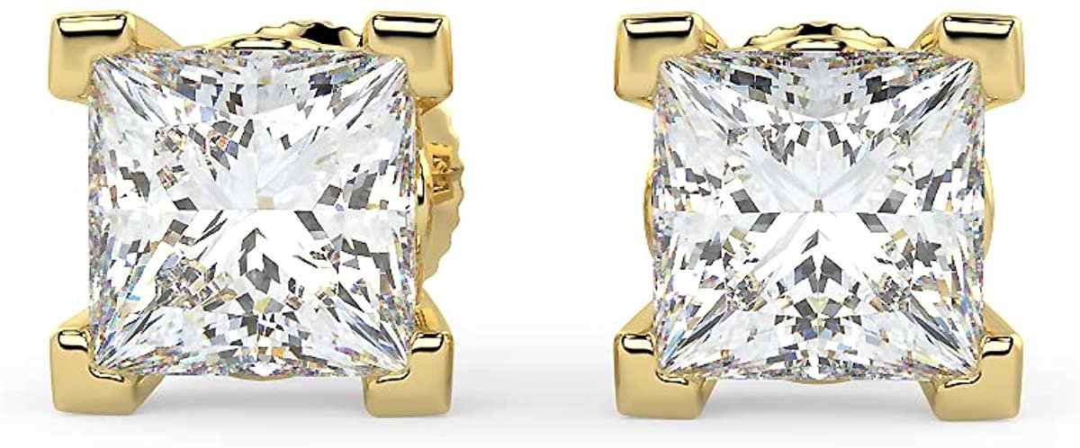 14K Gold 2/3 Cttw Princess Cut Lab Grown Diamond Classic Square Four-Prong Solitaire Stud Earrings (G-H Color, VS1-VS2 Clarity) - Choice of Gold Colors