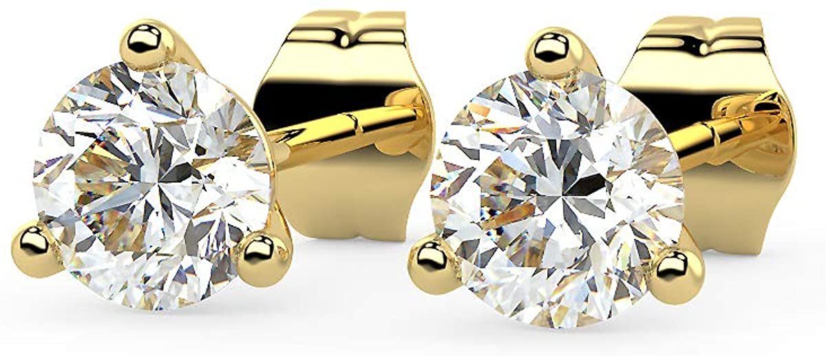 14K Gold 1/2 or 2/3 Cttw Round Brilliant-Cut Lab Grown Diamond 14K Gold Martini-Set 3-Prong Stud Earrings (G-H Color, VS1-VS2 Clarity) - Choice of Gem Weights, Gold Colors