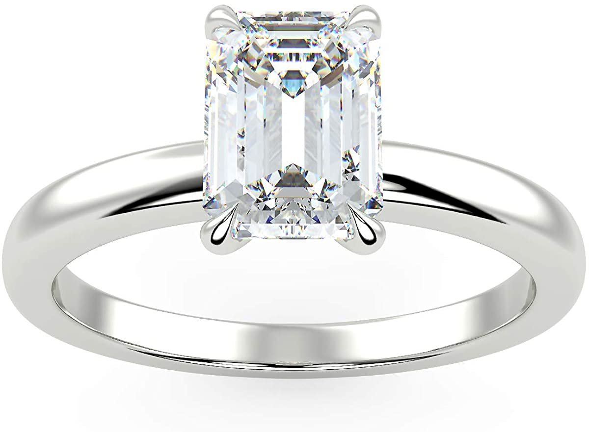 IGI Certified 14K White Gold 9/10 to 2.0 Carat Emerald-Cut Lab Created Diamond Classic Solitaire Engagement Ring (G-H Color, VS1-VS2 Clarity)