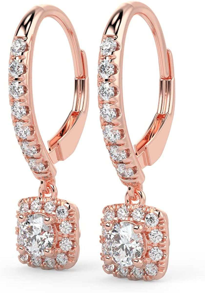 14K Gold 1.0 Cttw Brilliant Cut Lab Grown Diamond Cushion Shape Halo Lever Back Drop Earrings (Center Stones G-H Color, VS1-VS2 Clarity) - Choice of Gold Colors