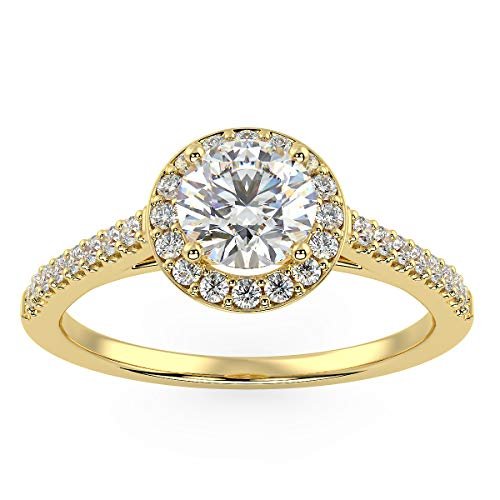 IGI Certified 14K Yellow Gold 3/4 Cttw Round Brilliant-Cut Lab Created Diamond Halo Engagement Ring with Micro Pavé Band (Center Stone: G-H Color, VS1-VS2 Clarity) - Size 5-3/4